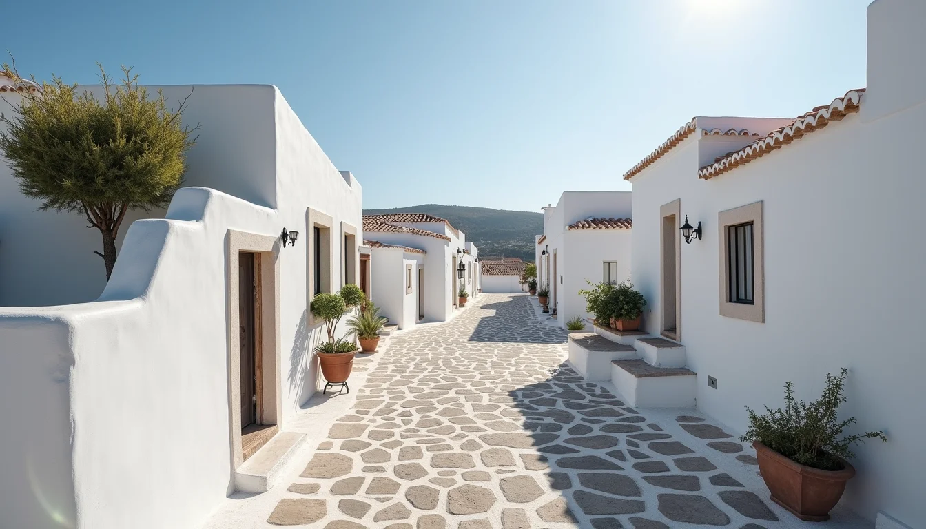 Vooraanzicht van een traditioneel Andalusisch wit dorp met smalle straatjes