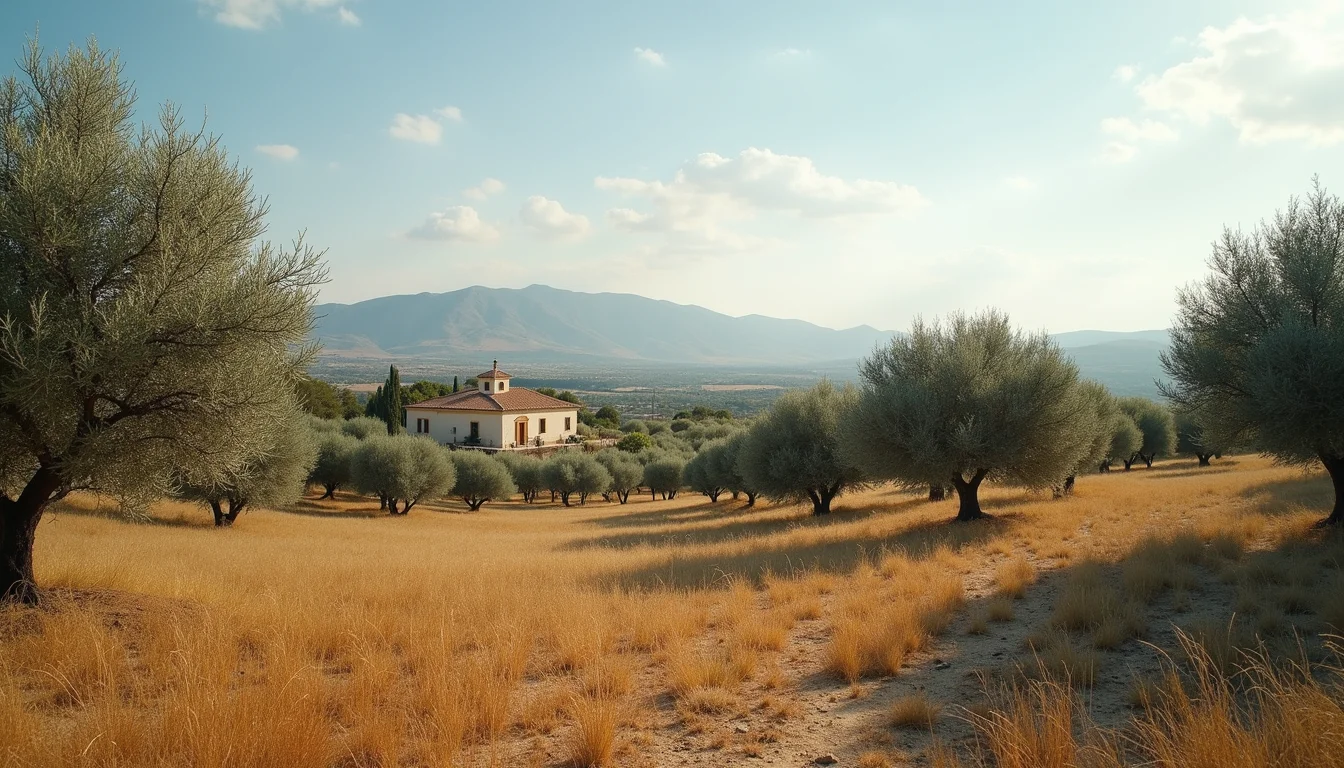 Weids uitzicht over een olijfgaardlandschap nabij een landelijk cortijo in Andalusië