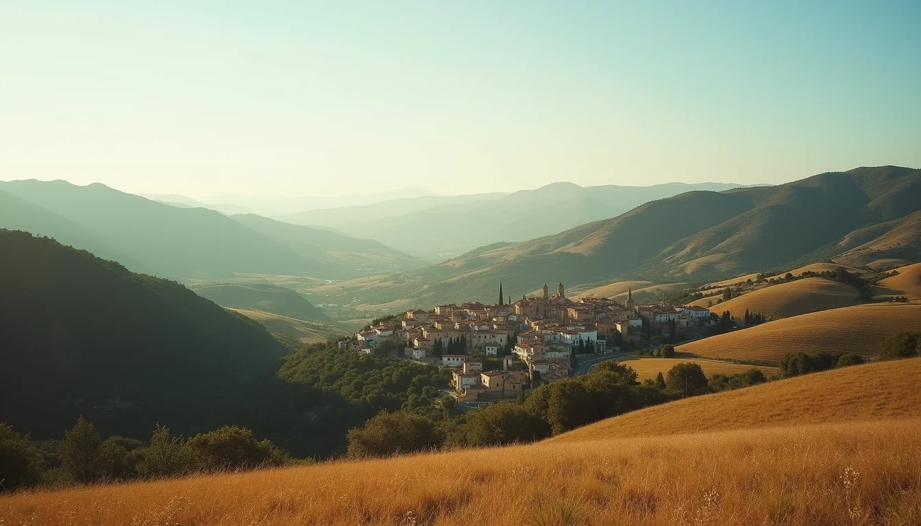 Bovenaanzicht van een rustig Andalusisch dorp omringd door heuvels