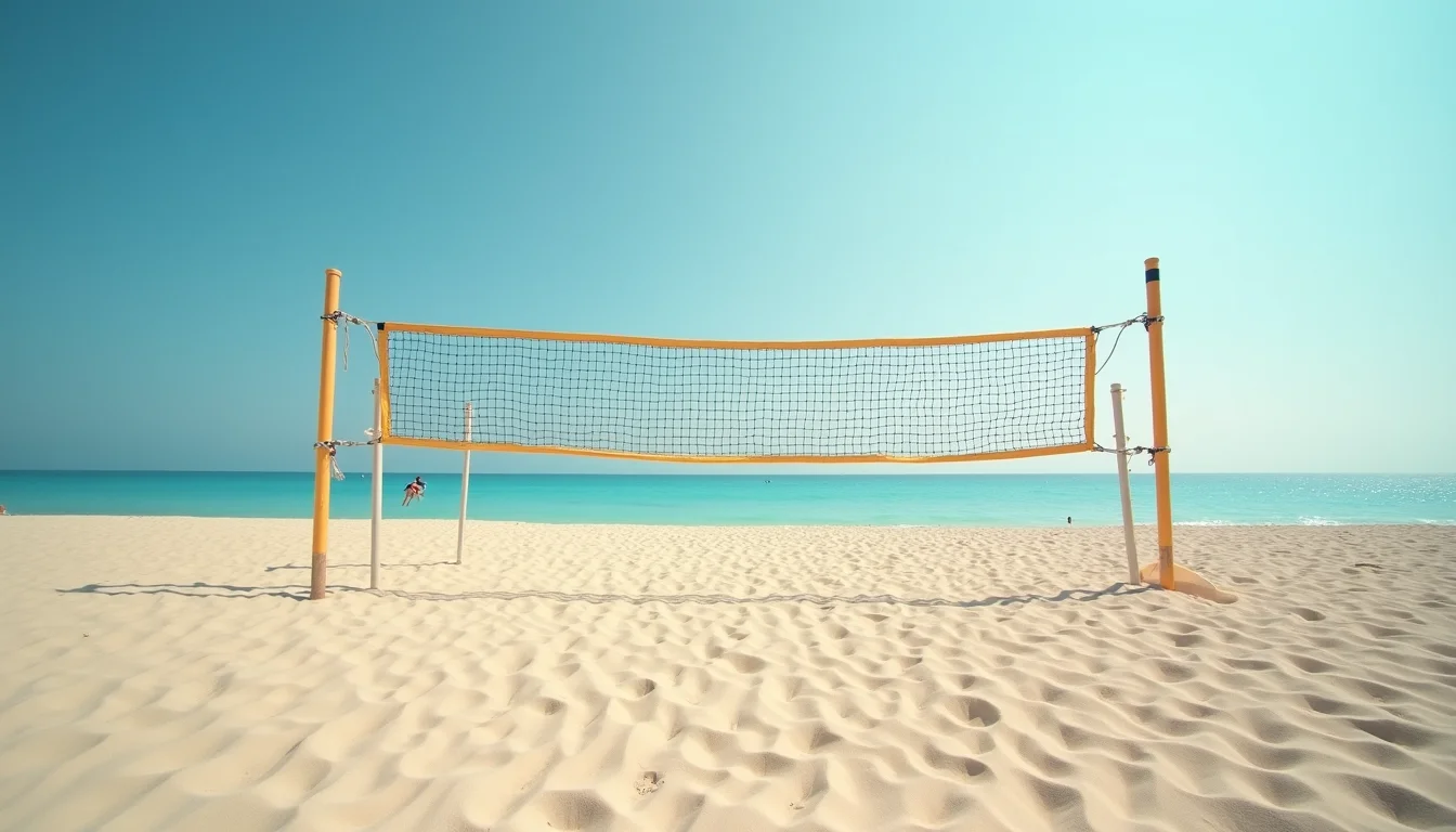 Weids uitzicht op een zonnig strand met beachvolleybalnetten en kalme zee